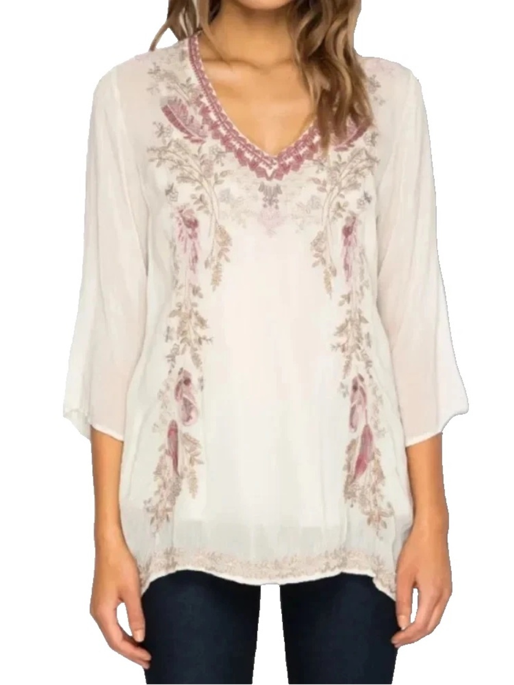 Johnny Was Cupra Rayon Blouse Feather Embroidered Sheer Top Size Small V Neck